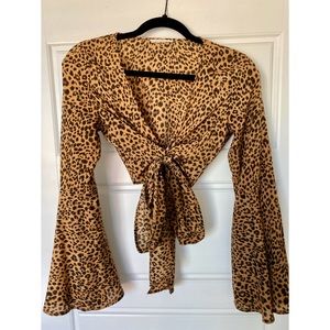 Cheetah Print Long Sleeve Tie Front Crop Top